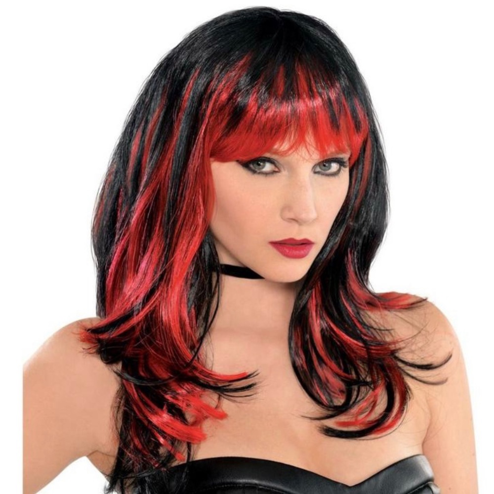 Red and Black Enchantress Long Layered Halloween Costume Wig with Bangs